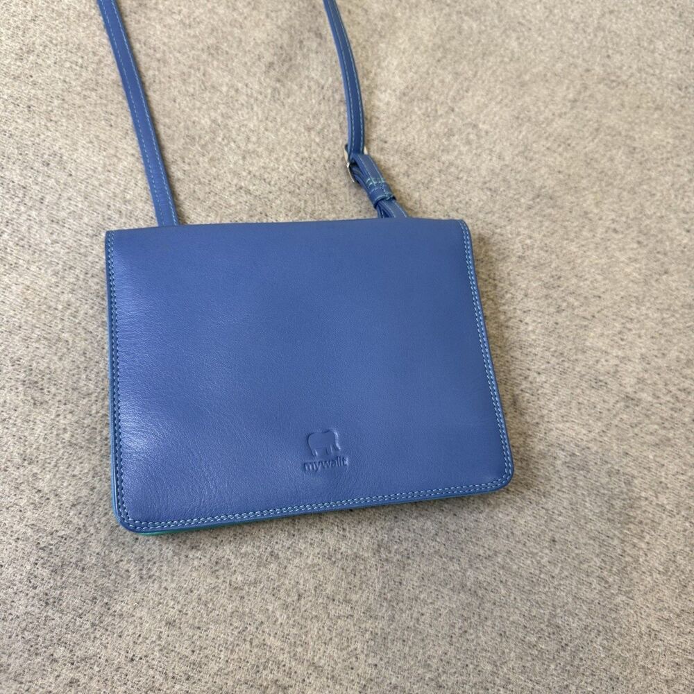 Mywalit Leather Crossbody Wallet Blue Adjustable Strap Compartment Organizer 6x5